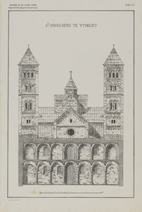 214552 Doorsnede en een gedeelte van het interieur van de narthex van de St. Mariakerk te Utrecht uit het oosten; met ...